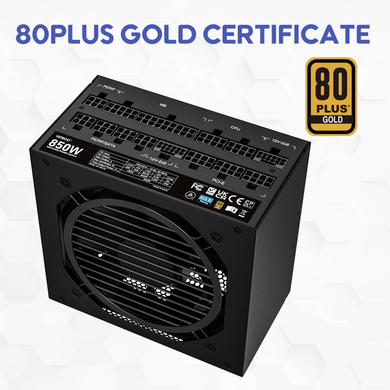 Vetroo 850W Power Supply Dual PCIe 5.1 ATX 3.1 Ready, 80 Plus Gold Full Modular, Quiet Operation with 120mm FDB Fan, 10-Year Warranty - Black - Image 4
