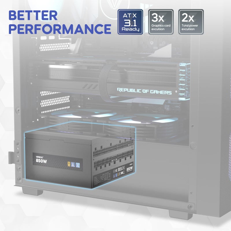Vetroo 850W Power Supply Dual PCIe 5.1 ATX 3.1 Ready, 80 Plus Gold Full Modular, Quiet Operation with 120mm FDB Fan, 10-Year Warranty - Black - Image 5
