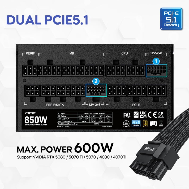 Vetroo 850W Power Supply Dual PCIe 5.1 ATX 3.1 Ready, 80 Plus Gold Full Modular, Quiet Operation with 120mm FDB Fan, 10-Year Warranty - Black - Image 2