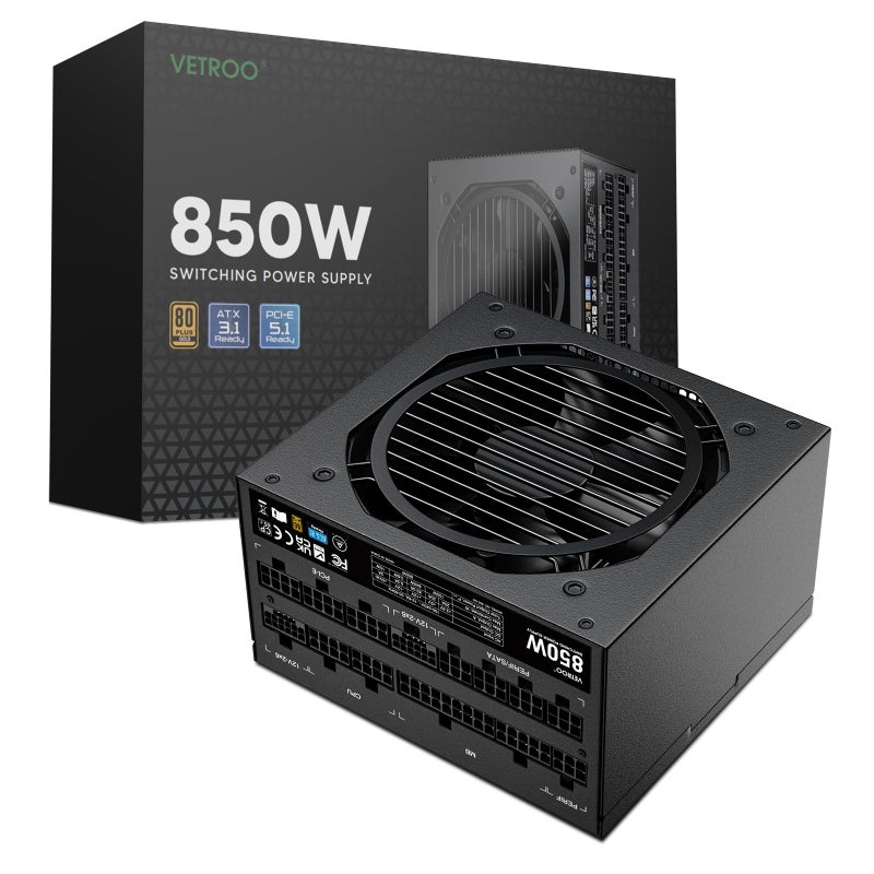 Vetroo 850W Power Supply Dual PCIe 5.1 ATX 3.1 Ready, 80 Plus Gold Full Modular, Quiet Operation with 120mm FDB Fan, 10-Year Warranty - Black - Image 1