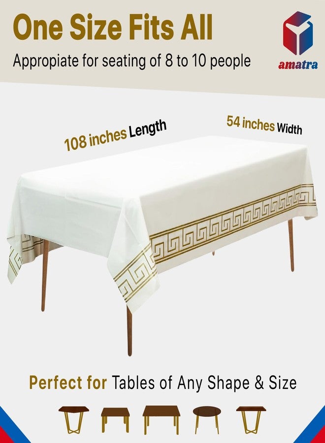 Amatra 4-Pack Disposable Table Cloth 54" x 108" - Luxurious White Tablecloths for Rectangle Tables - 140g Thick Plastic Covers With Gold Art Margin for Indoor & Outdoor Events - Image 3