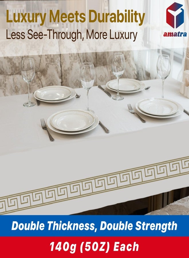 Amatra 4-Pack Disposable Table Cloth 54" x 108" - Luxurious White Tablecloths for Rectangle Tables - 140g Thick Plastic Covers With Gold Art Margin for Indoor & Outdoor Events - Image 2
