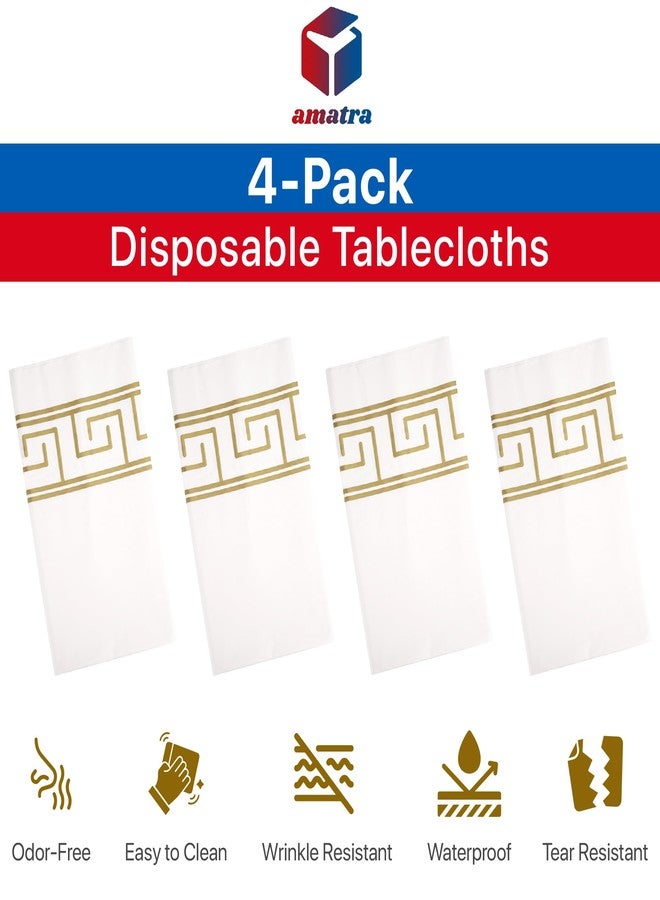 Amatra 4-Pack Disposable Table Cloth 54" x 108" - Luxurious White Tablecloths for Rectangle Tables - 140g Thick Plastic Covers With Gold Art Margin for Indoor & Outdoor Events - Image 4