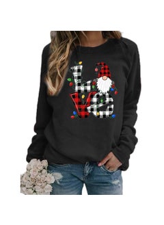 Christmas Santa Claus Plaid Love Print round Neck Long Sleeve Sweatshirt Jacket Womens European Size Street Style Polyester Black