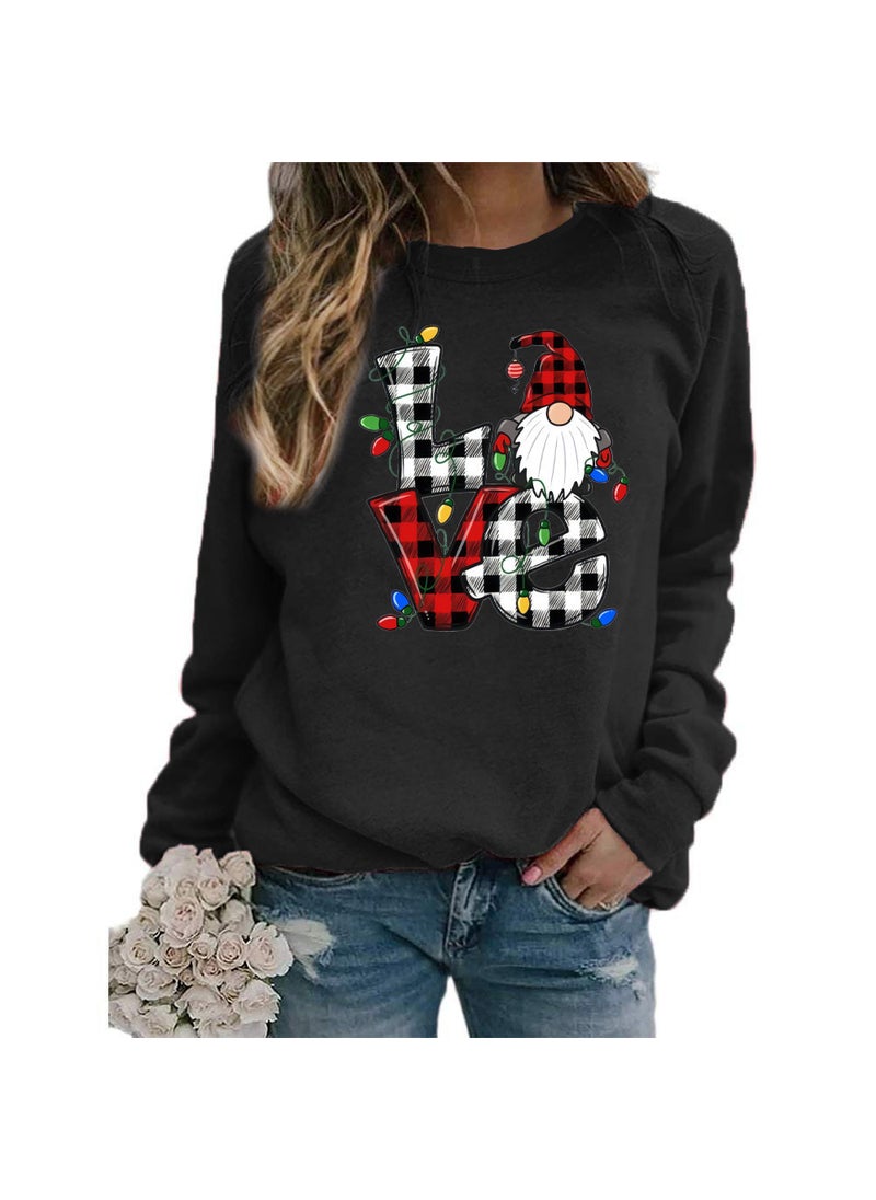 Generic - Christmas Santa Claus Plaid Love Print round Neck Long Sleeve Sweatshirt Jacket Womens European Size Street Style Polyester Black - Image 1