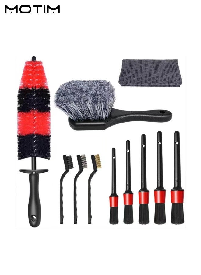 موتيم 11 قطعة من أدوات تنظيف السيارات لغسل العجلات والتفاصيل، مجموعة متعددة الأغراض لغسل السيارات، بما في ذلك مجموعة فرش تنظيف السيارات، فرشاة الإطارات، فرشاة الحافات ذات المقبض الطويل، منشفة تنظيف السيارات، مجموعة أدوات تنظيف السيارات لتنظيف السيارة من الداخل والخارج - Image 1