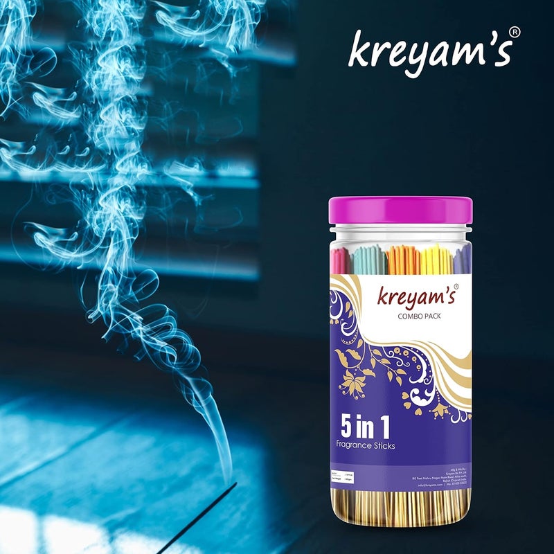 kreyams عصا بخور كريامز دهوپ أغارباتي للعبادة 55 عصا 400 جرام رائحة طبيعية تدوم طويلاً حزمة مكونة من 5 5 روائح مختلفة موغرا ورد باندي غوجال فنتاسيا بوجا دهوپ باتي هدايا ملونة - Image 2