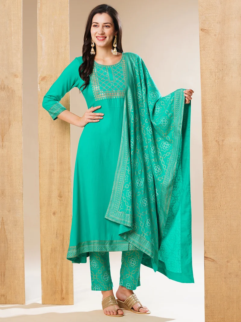 globus Women Green & White Embroidered Yoke Design Zari A-Line Kurta With Trousers & Dupatta