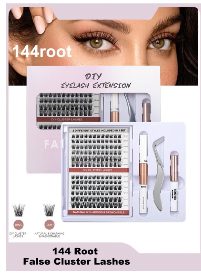 BOSART 144 Root False Cluster Lashes， DIY Eyelash Extension  Lashes， Natural Look， Reusable Lashes，High-grade Fiber Large Capacity ，with Tweezer - Image 1