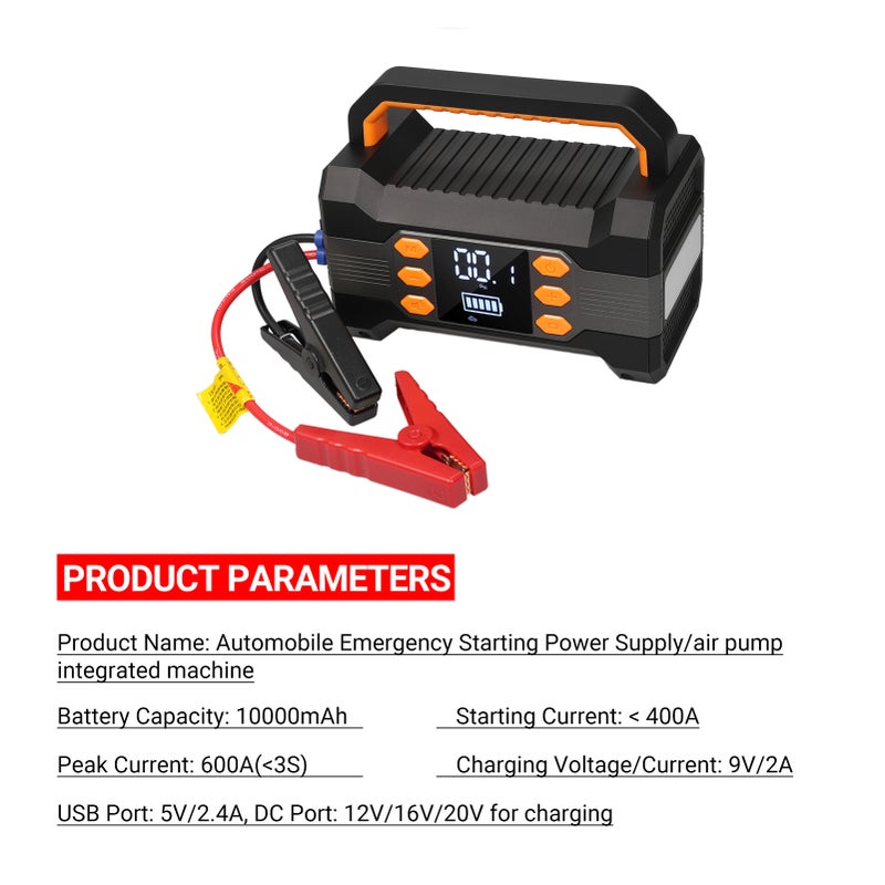 DN20 Automobile Emergency Starting Power Supply Car Jump Starter,600A Peak Current 10000 MAh Emergency Starter Power Supply Multi-Function Outdoor Auto Portable Power Bank Portable Air Compressor - Image 3