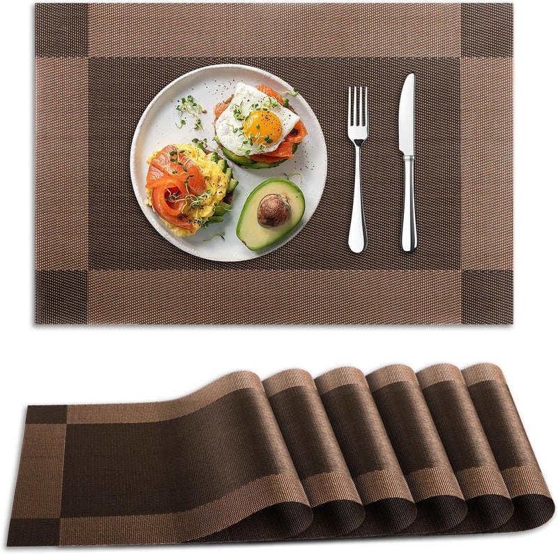 Wosta Wosta Placemats Set of 6 Table Mats Vinyl Woven Dinning Placemat for Kitchen Washable Heat Resistant Non Slip Brown