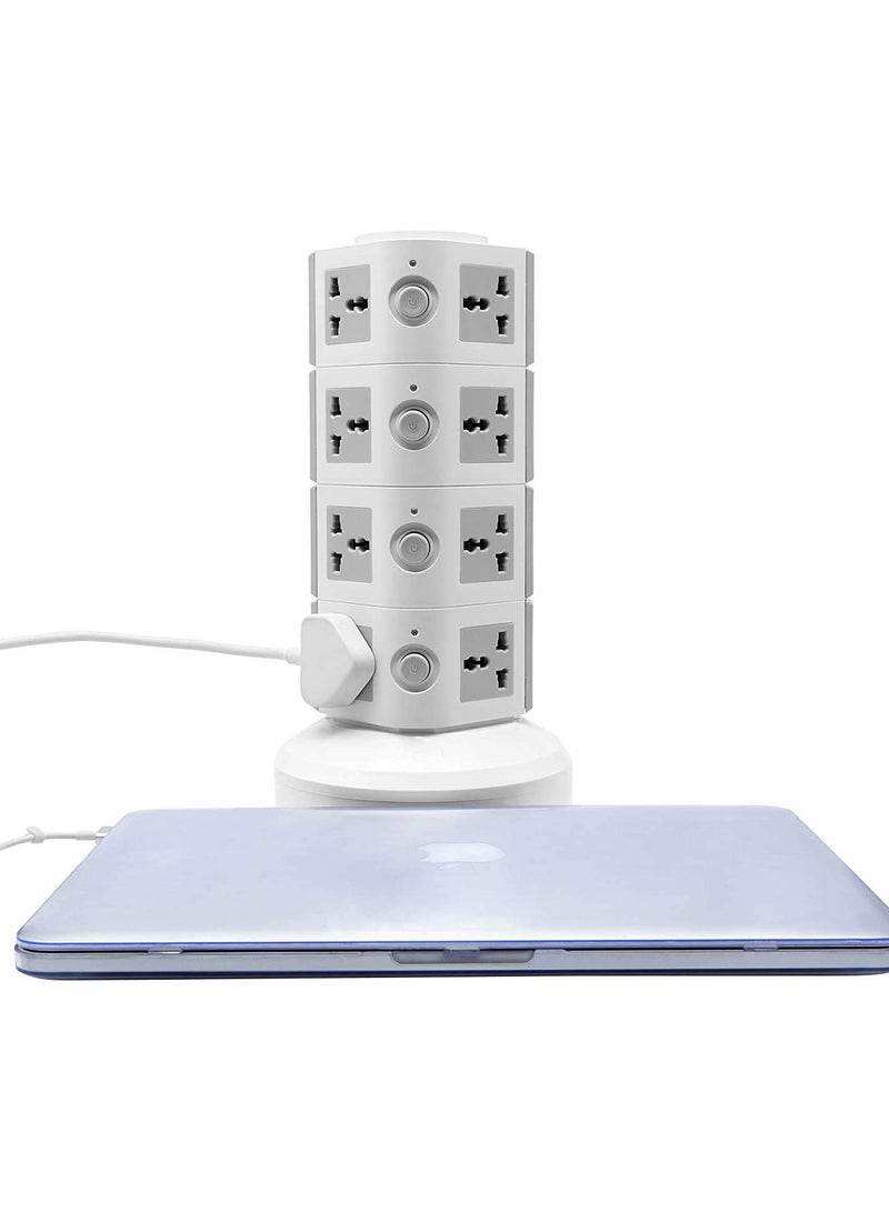 Universal Vertical Multi Socket 220V Tower Extension Electrical Outlet Lead with USB Ports 3M Cord and UK-Plug Power Strip Multi Charging Station (4 Layers Multi Plug With USB Port, Gray)