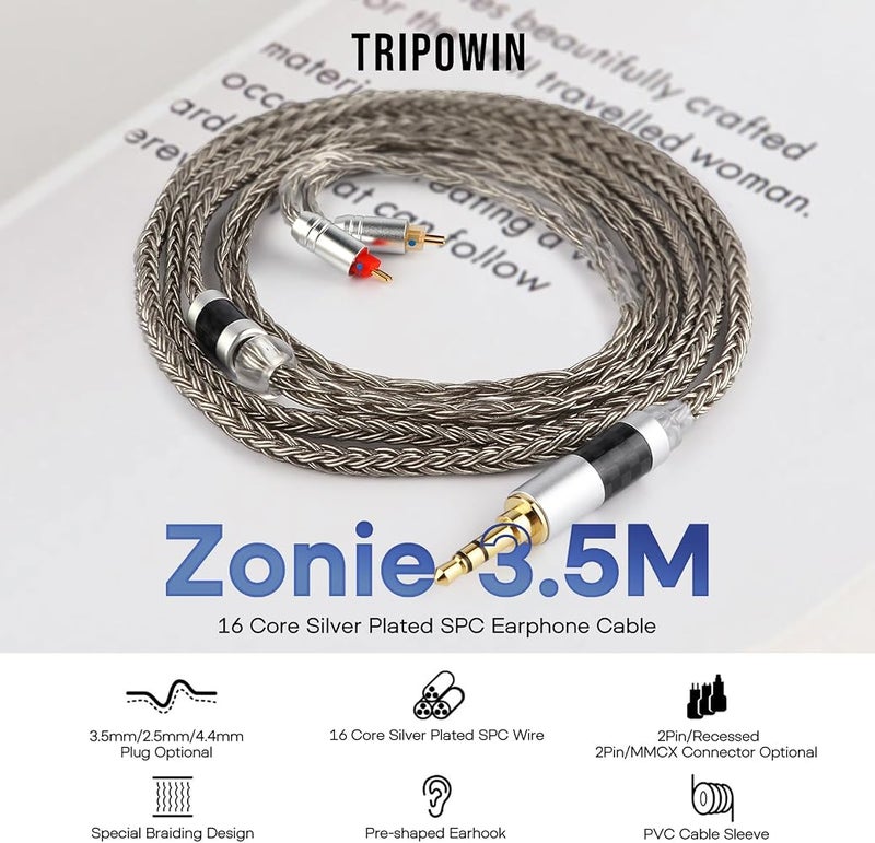Linsoul Tripowin Zonie IEM Cable, 16 Core Silver Plated Earphone Upgraded Cords, 1.25m SPC in Ear Monitor Cable for ZS10 PRO 2 AS10 PRO ZSN PRO X Wan’er SIMGOT EM6L (Recessed 2pin, 3.5mm)(Grey) - Image 2