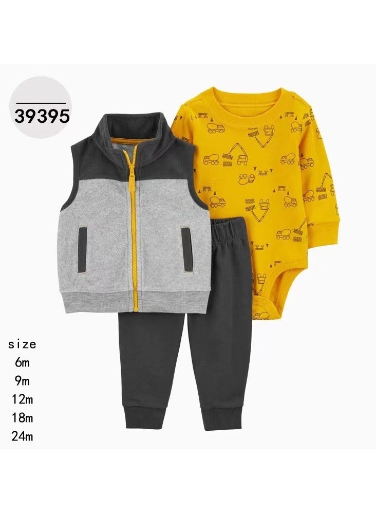 RedMapleTEK Boys And Girls Baby Sweater Jacket Hooded Coat Long-Sleeved Jumpsuit Baby Three-Piece Set - Image 1