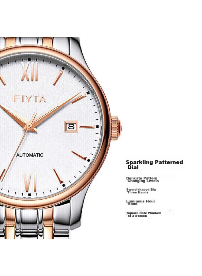 Fiyta Classic Series Automatic Mechanical Calendar White Dial With Gold Steel Strap, Men's Mechanical Watch, Holiday Gift Box For Boyfriend - Image 5