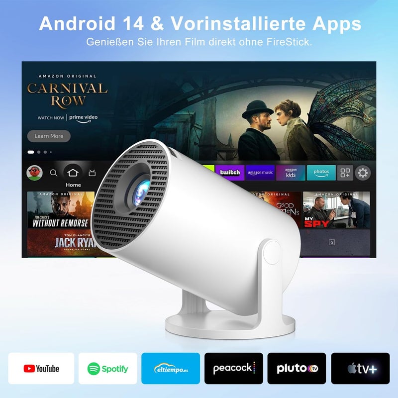 Salange Mini Projector, Support 4K Projector Smart Android 14 with Apps, WiFi 6 and Bluetooth 5.4, Small Portable Auto Keystone 8000L 270° Rotation, Home Cinema Outdoor, White - Image 3