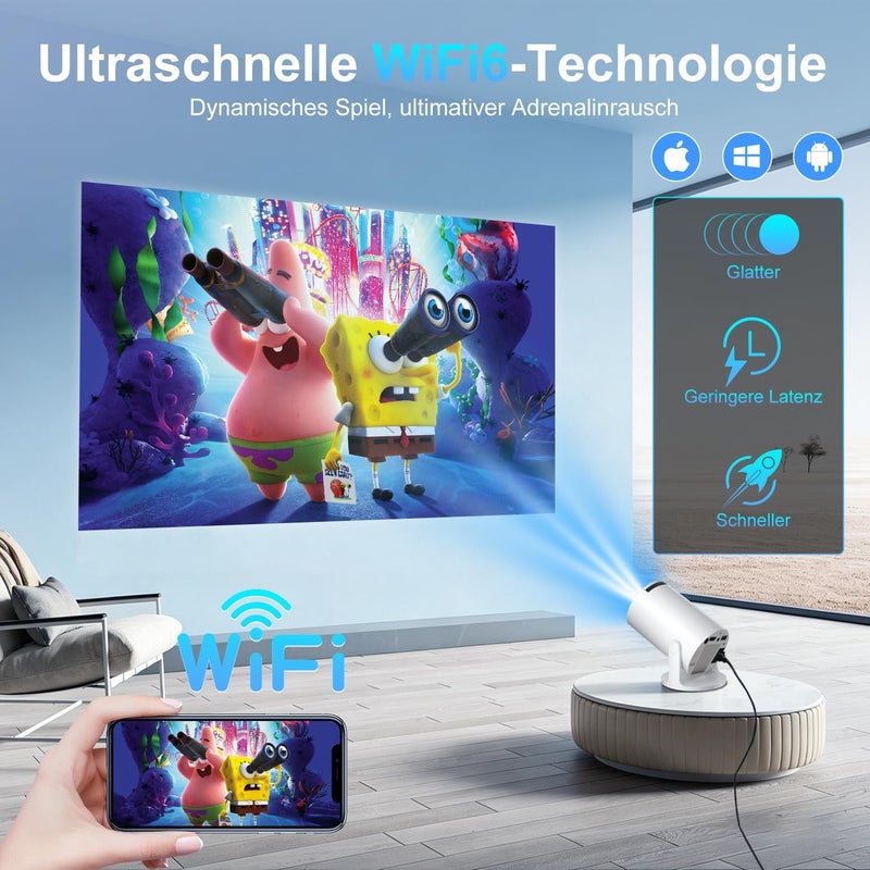 Salange Mini Projector, Support 4K Projector Smart Android 14 with Apps, WiFi 6 and Bluetooth 5.4, Small Portable Auto Keystone 8000L 270° Rotation, Home Cinema Outdoor, White - Image 4