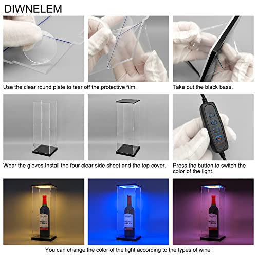 DIWNELEM Acrylic Wine Bottle Display Case with LED Light Display Stand - Dustproof Protector for Red Wine, Champagne, Liquor, Whiskey, Beer, Beverage Bottle (5*5*14.2") - Image 3