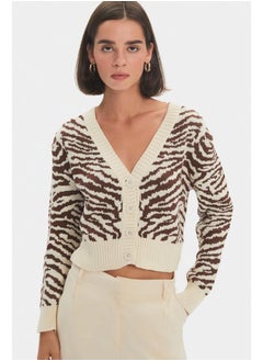 JUNE June Women Zebra Patterned V Neck Cardigan Brown  - Image 4
