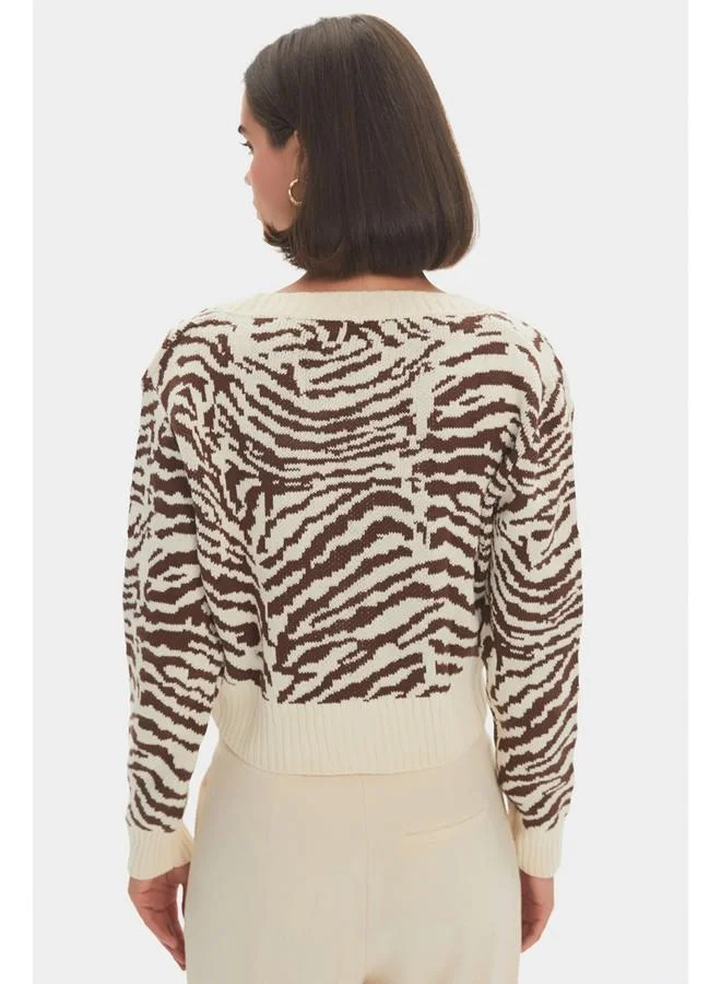 JUNE June Women Zebra Patterned V Neck Cardigan Brown