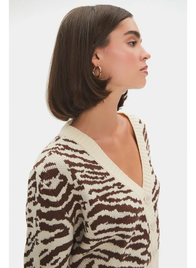 JUNE June Women Zebra Patterned V Neck Cardigan Brown