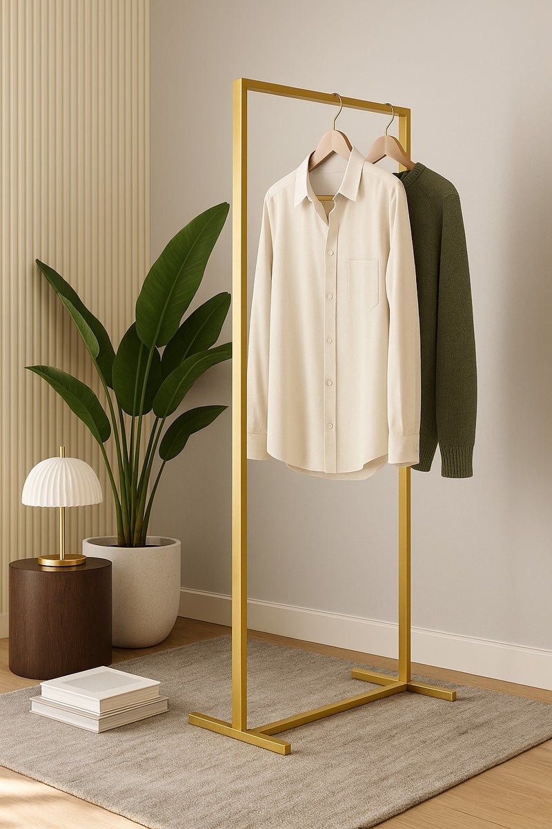 Luxury gold clothes hanger with modern design and sturdy metal frame with base for hanging dresses and accessories