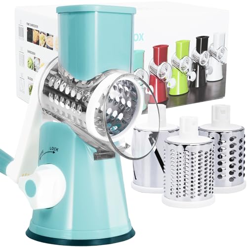 REDPANT Rotary Cheese Grater Cheese Grater Hand Crank with 3 Interchangeable Blades Manual Cheese Shredder with Strong Suction Base Easy to Use and Clean Blue