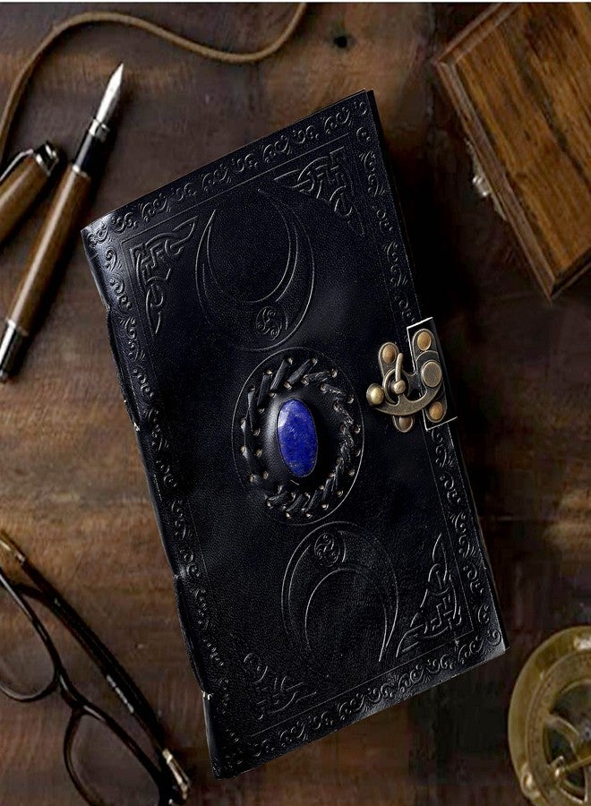 كويرو دفتر رسم جلدي عتيق منقوش عليه لازورد أزرق من مجموعة ثري مون | 240 صفحة من ورق عتيق مصنوع يدويًا بحواف خشنة، دفتر رسم جلدي، دفتر رسم، هدية رائعة (5 × 7 بوصة، أسود) - Image 2