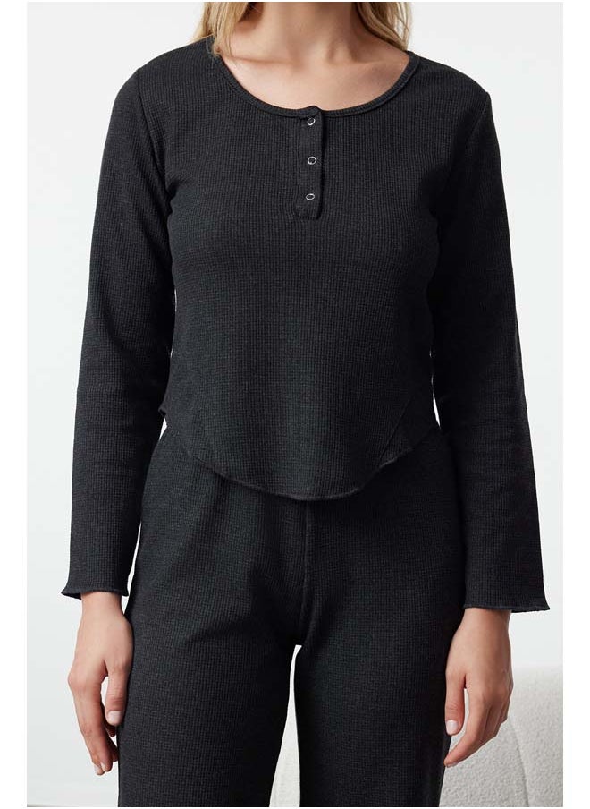 trendyol - Anthracite Melange Waffle Fabric Knitted Pajama Set THMAW25PT00041 - Image 1