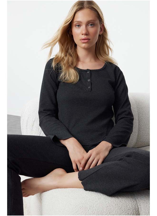 trendyol - Anthracite Melange Waffle Fabric Knitted Pajama Set THMAW25PT00041 - Image 1