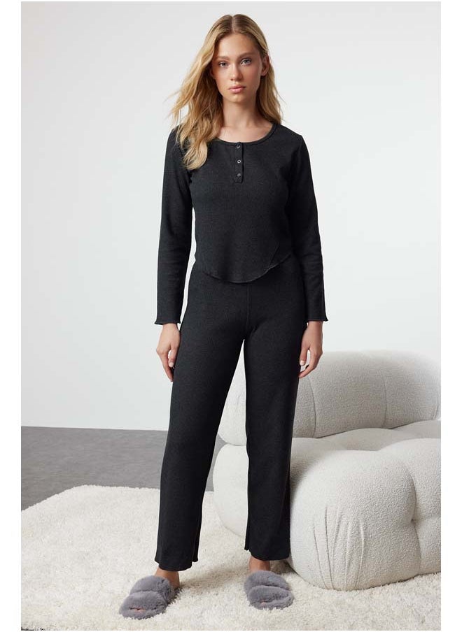 trendyol - Anthracite Melange Waffle Fabric Knitted Pajama Set THMAW25PT00041 - Image 1