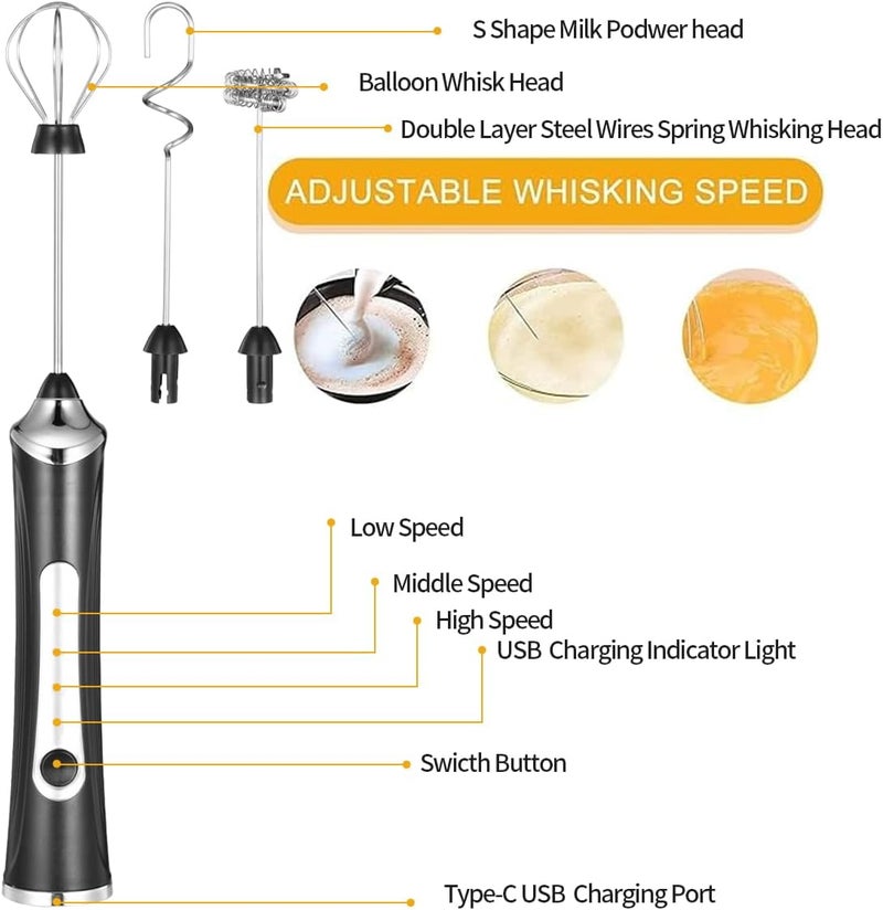 MITCMOLARD Coffee Mixer, Portable USB Rechargeable, 3 Replace Whisks, 3 Speeds, Black | Durable Stainless Steel Electric Milk Frother, Coffee Whisk for Latte, Hot Chocolate, Egg, Coffee, Milk, Cappuccino - Image 3