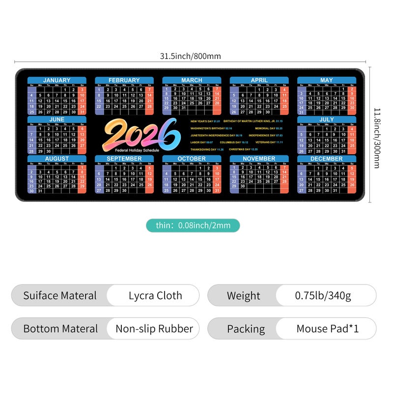 Dynippy Thin Extended Gaming Mouse Pad ï¼ˆ31.5 * 11.8 * 0.08 inchï¼‰ with Stitched Edges Large Mousepad Long XXL Keyboard and Mouse pad Desk Mat for Gaming Office & Home - 2026 Calendar Holiday Schedule - Image 2