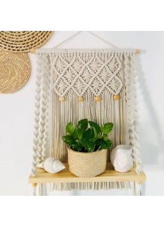 TMS tms Unique Design Boho Handmade Macrame Hanging Decor Wall Decor Floating Shelf for Books and Planters Livingroom, Bedroom - Off-White - 12Wx5Dx24L inches (Wooden Beads)  - Image 1
