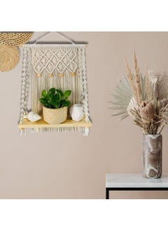 TMS tms Unique Design Boho Handmade Macrame Hanging Decor Wall Decor Floating Shelf for Books and Planters Livingroom, Bedroom - Off-White - 12Wx5Dx24L inches (Wooden Beads)  - Image 3
