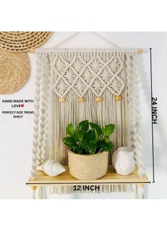 TMS tms Unique Design Boho Handmade Macrame Hanging Decor Wall Decor Floating Shelf for Books and Planters Livingroom, Bedroom - Off-White - 12Wx5Dx24L inches (Wooden Beads)  - Image 2