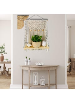 TMS tms Unique Design Boho Handmade Macrame Hanging Decor Wall Decor Floating Shelf for Books and Planters Livingroom, Bedroom - Off-White - 12Wx5Dx24L inches (Wooden Beads)  - Image 4