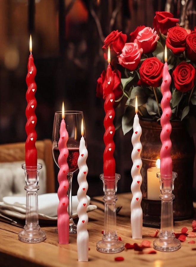 Conelist 6 Pcs Valentine Day Short Taper Candles Spiral Twisted Tapered Candle Pink Red White Unscented Swirl Heart Candlesticks for Wedding Anniversary Holiday Dinner Table Home Kitchen Party Decor - Image 1