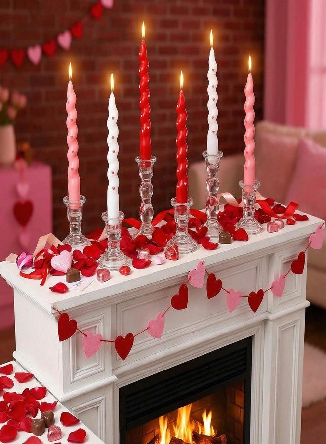Conelist 6 Pcs Valentine Day Short Taper Candles Spiral Twisted Tapered Candle Pink Red White Unscented Swirl Heart Candlesticks for Wedding Anniversary Holiday Dinner Table Home Kitchen Party Decor - Image 4