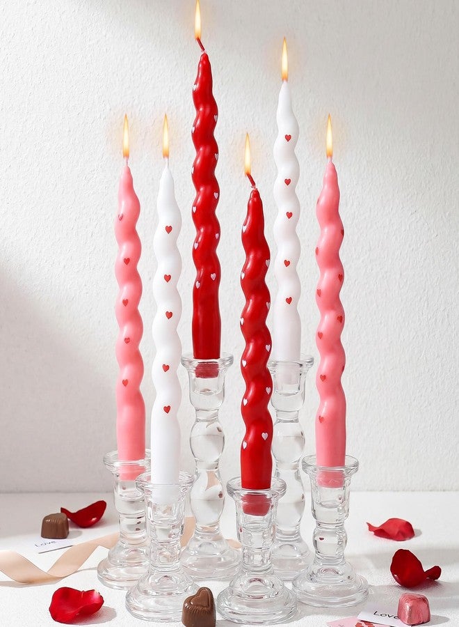 Conelist 6 Pcs Valentine Day Short Taper Candles Spiral Twisted Tapered Candle Pink Red White Unscented Swirl Heart Candlesticks for Wedding Anniversary Holiday Dinner Table Home Kitchen Party Decor - Image 3