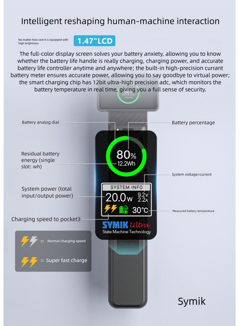 SYMIK 5000mAh Battery Grip for DJI Osmo Pocket 3 – 20W Fast Charging, 1.47" LCD with Smart Meter, Temp-Control Safety, Quick Attach Endurance Handle - Image 3