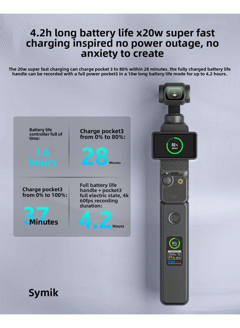SYMIK 5000mAh Battery Grip for DJI Osmo Pocket 3 – 20W Fast Charging, 1.47" LCD with Smart Meter, Temp-Control Safety, Quick Attach Endurance Handle - Image 5