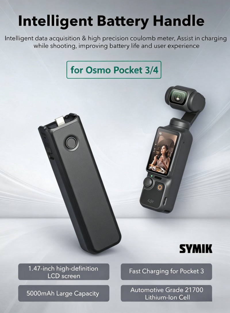 اس واي ام اي كيه مقبض بطارية بسعة 5000 مللي أمبير مناسب لـ DJI Osmo Pocket 3 / Pocket 4، يدعم الشحن السريع بقدرة 20 واط، مزود بشاشة LCD ذكية مقاس 1.47 بوصة لعرض مستوى البطارية، مع نظام حماية للتحكم في درجة الحرارة، وتصميم تثبيت سريع لزيادة وقت الاستخدام - Image 2
