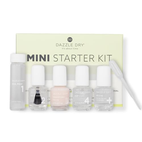 Dazzle Dry Complete Starter Mini Kit Step 1 Nail Prep Step 2 Base Coat Step 4 Top Coat Transform Ridge Filler Revive Polish Top Coat Thinner - Image 1