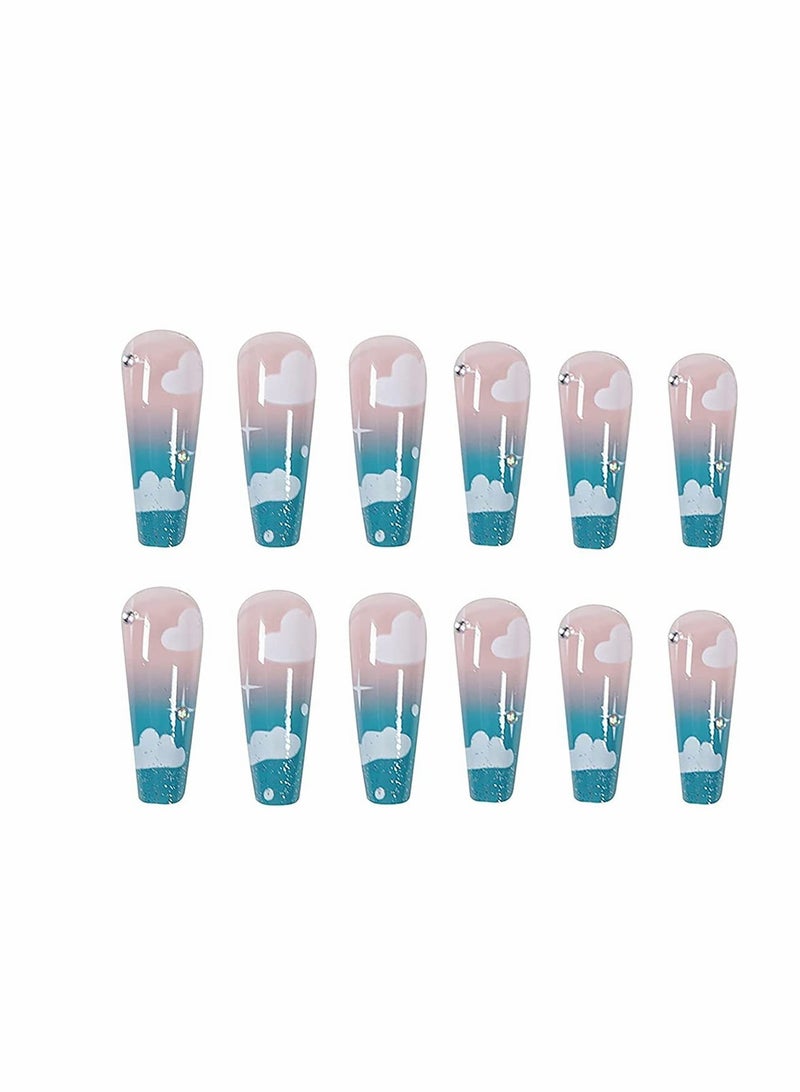KASTWAVE 24 Pcs Blue Sky And White Clouds Nail Patch, Full Cover Long Fake Nails Glossy False Nails, Acrylic Nails for Women and Girls (Blue Cloud) - Image 3