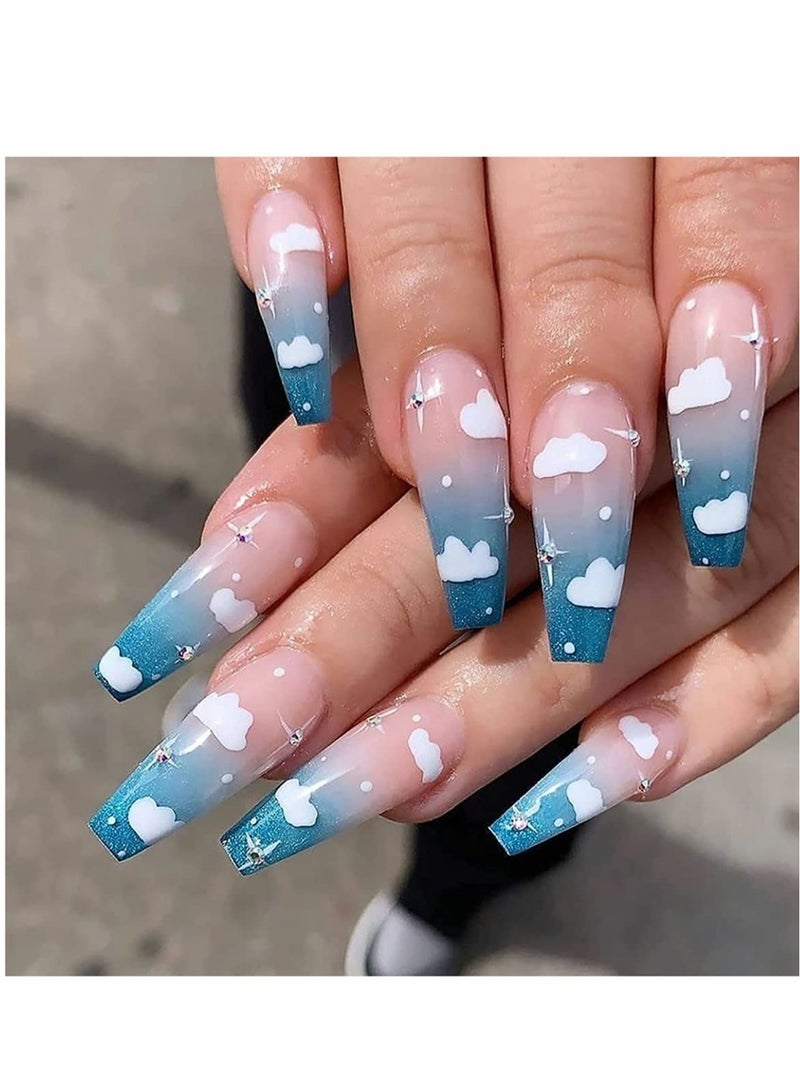 KASTWAVE 24 Pcs Blue Sky And White Clouds Nail Patch, Full Cover Long Fake Nails Glossy False Nails, Acrylic Nails for Women and Girls (Blue Cloud) - Image 2
