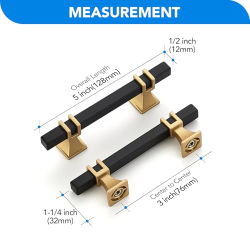 HOME EDIT 10 Pack 3 inch Black & Gold Cabinet Handles Square Zinc-Alloy Pulls for Kitchen Dresser Closet and Bathroom Cabinets Hardware - Image 2