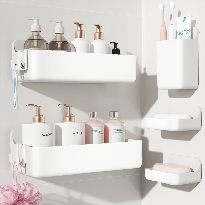 Nieifi Adhesive Wall Shelf, Shower Shelves 5 Pack with Soap Holder, Shower Organizer for Bathroom Organization, White - Image 1