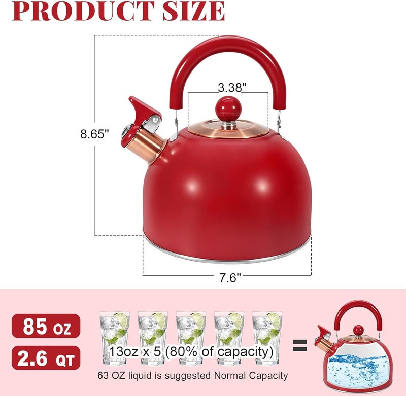 GGC 2.6QT Tea Kettle for Stove Tops, Whistling Tea Kettles for Boiling Water Coffee or Milk, Red Stainless Steel Tea Pots with Folding Handle, Thumb Design Control Kettle Outlet - Image 2