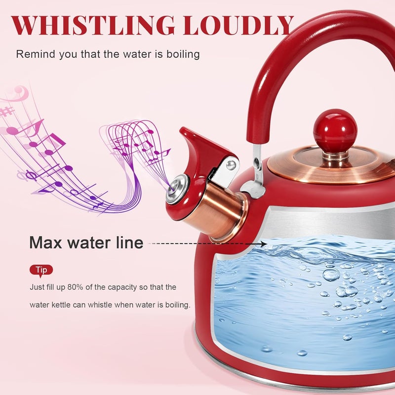 GGC 2.6QT Tea Kettle for Stove Tops, Whistling Tea Kettles for Boiling Water Coffee or Milk, Red Stainless Steel Tea Pots with Folding Handle, Thumb Design Control Kettle Outlet - Image 3